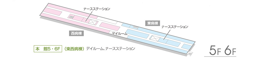 5F、6Fのフロアマップ。館内のご案内。本館5F、6F、東西病棟にはデイルーム、ナースステーションがございます。フロアマップのご案内は以上です。